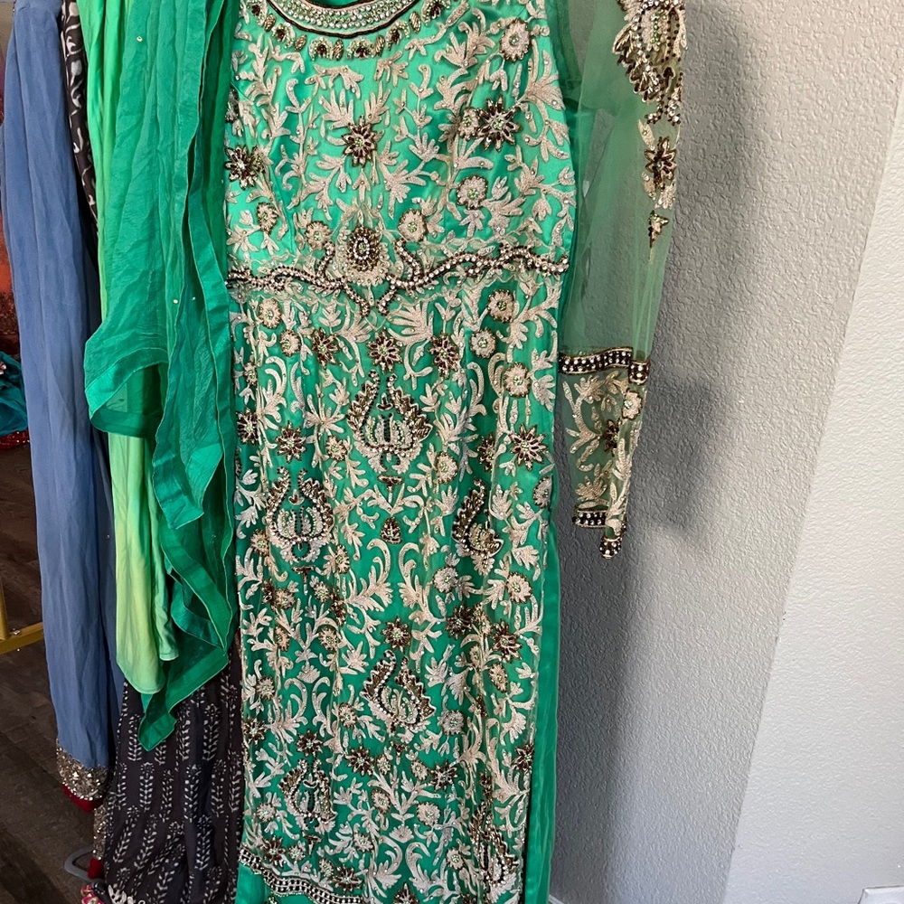 Custom designer Pakistani salwar with churidar Embroidered Green Dress